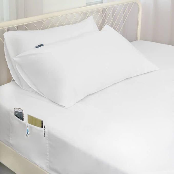Extra Deep Pocket Air Mattress King Sheet Set - 3Pcs Side Storage Pocket Fitted Sheet & Pillowcase King Size Deep Pocket Sheet Set Easily Fits 16in to 24in Pillow Top Air Bed Mattress-White