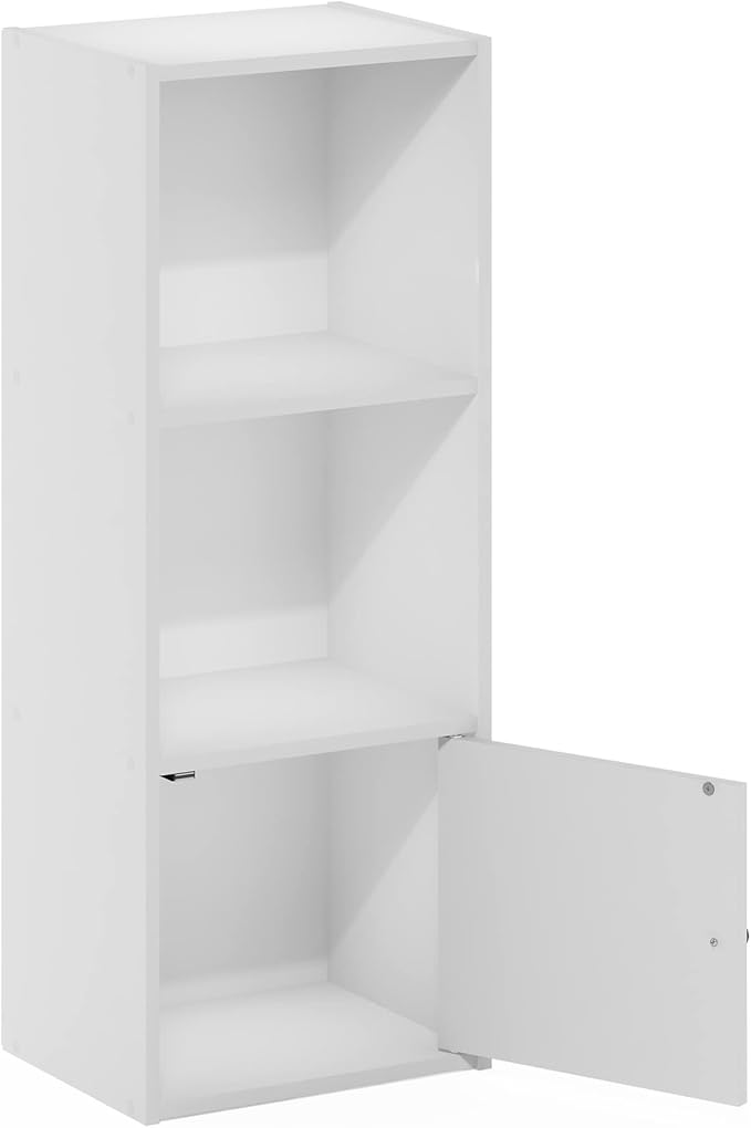 Furinno LUDER Book Shelf, 3-Tier Modern Bookshelf, Bookcase with 1 Door Storage Cabinet, 9.3" x 12" x 31.5", for Living Room, Bedroom, Home Office, White