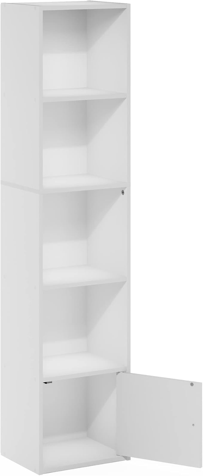 Furinno LUDER Book Shelf, 5-Tier Modern Bookshelf, Bookcase with 1 Door Storage Cabinet, 9.3" x 12" x 52", for Living Room, Bedroom, Home Office, White