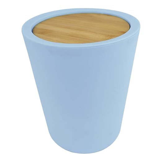 Modern Trash Can with Bamboo Lid, 5 Color Options, 24 cm Height, 19.5 cm Width (Light Blue)