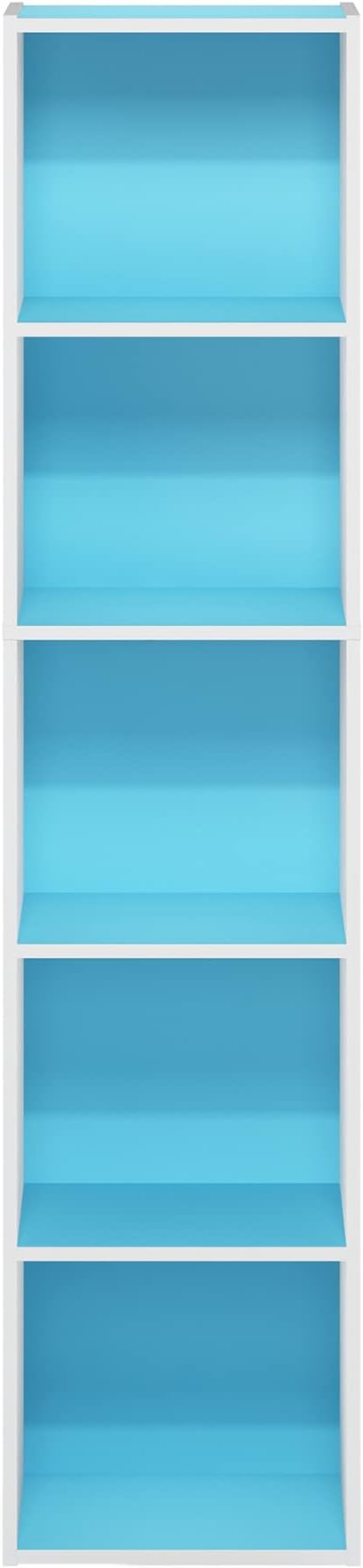 Furinno PASIR Book Shelf, 5-Tier Modern Bookshelf, Open Shelves Bookcase 9" x 12" x 52", for Living Room, Bedroom, Home Office, Light Blue/White