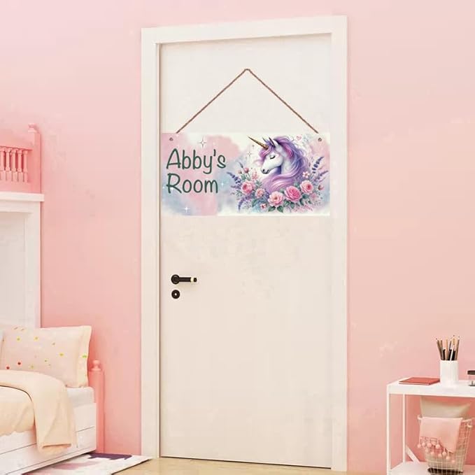 Personalized Vintage Unicorn Signs Magic Horse Sign For Kids Room Custom Name Door Wall Decor Flowers Floral Nursery Art Plate For Boys Room Girls Bedroom