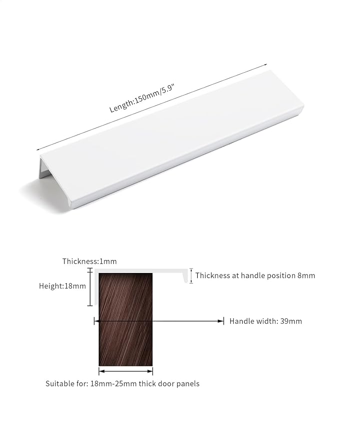 5 Pack 6 inch self Adhesive Cabinet pulls Finger pulls Drawer Pull Stick on Handles Bright White Adhesive Cabinet Handles Finger pulls for cabinets Concealed Edge Seam Flat