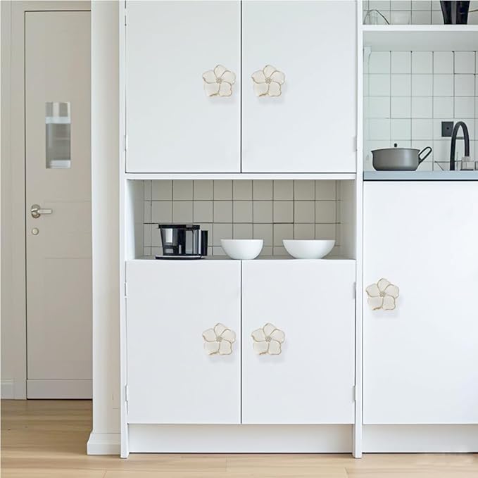 4 pcs Flower Petal Knobs,Creative Silver Flower Drawer Pulls Handles with Screws Single Hole Handle for Cabinet, Dressing ,Home Decor Handles (White)