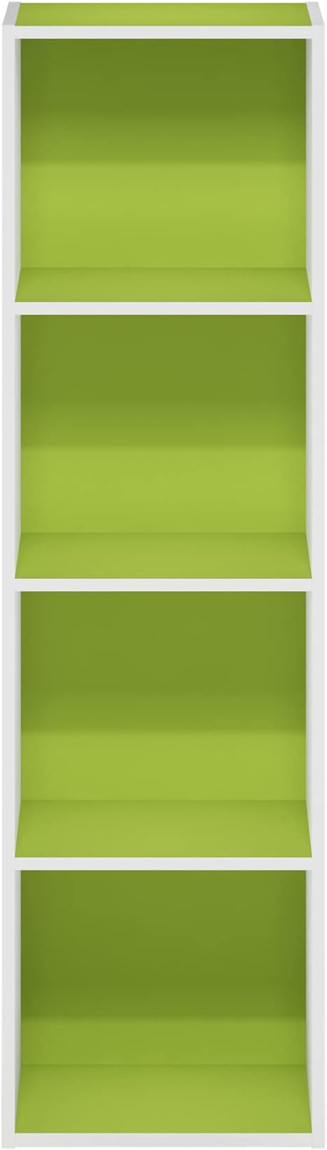 Furinno PASIR Book Shelf, 4-Tier Modern Bookshelf, Open Shelves Bookcase 9" x 12" x 42", for Living Room, Bedroom, Home Office, Green/White