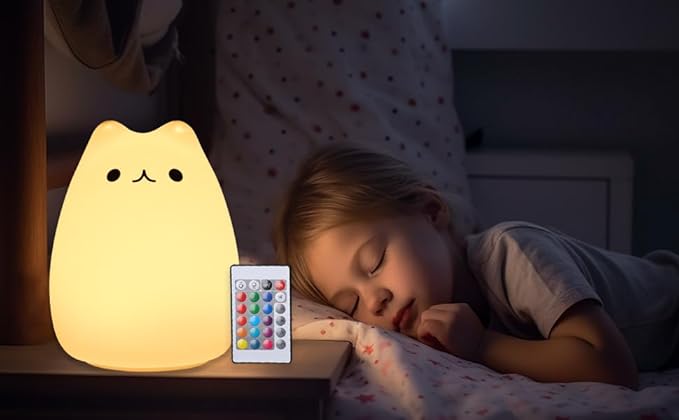 ZKLiLi Cute Cat Nursery Night Lights USB Rechargeable Cat Lamp Nightlight Birthday Christmas Gift with Warm White and 7-Color Breathing Modes for Kids Baby Children (renqimao)