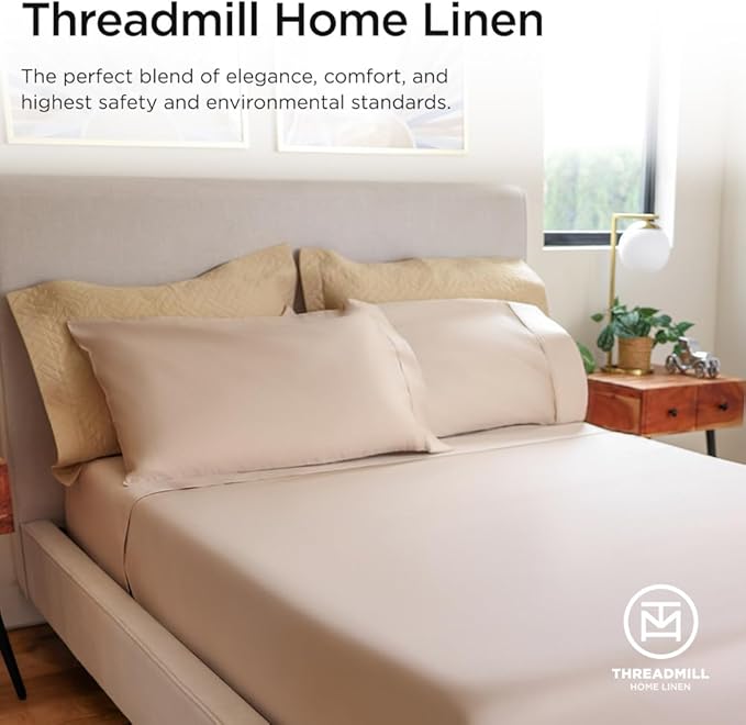 Threadmill Luxury 800 Thread Count 100% Cotton Sheets - Light Beige Sateen Weave Twin Size Bed-Sheets, Better Than Egyptian Cotton,3 Pc Solid Soft Bedding Set, Fits 15" Deep Pocket