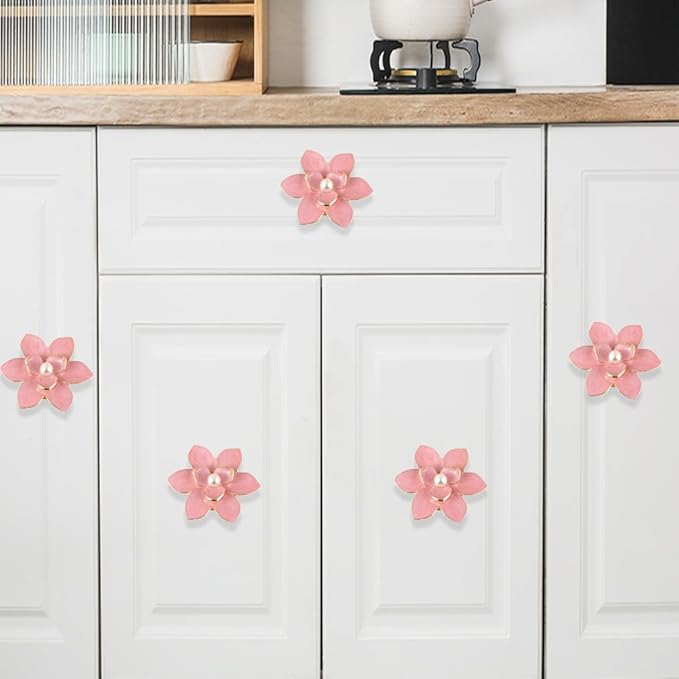 4 Pcs Petal Cabinet Knobs,Zinc Alloy Flower Shape Single Hole Knob with Screws for Dresser Handles Cabinet Wardrobe Door Handle Decorative Furniture (Pink Flower Pearl)