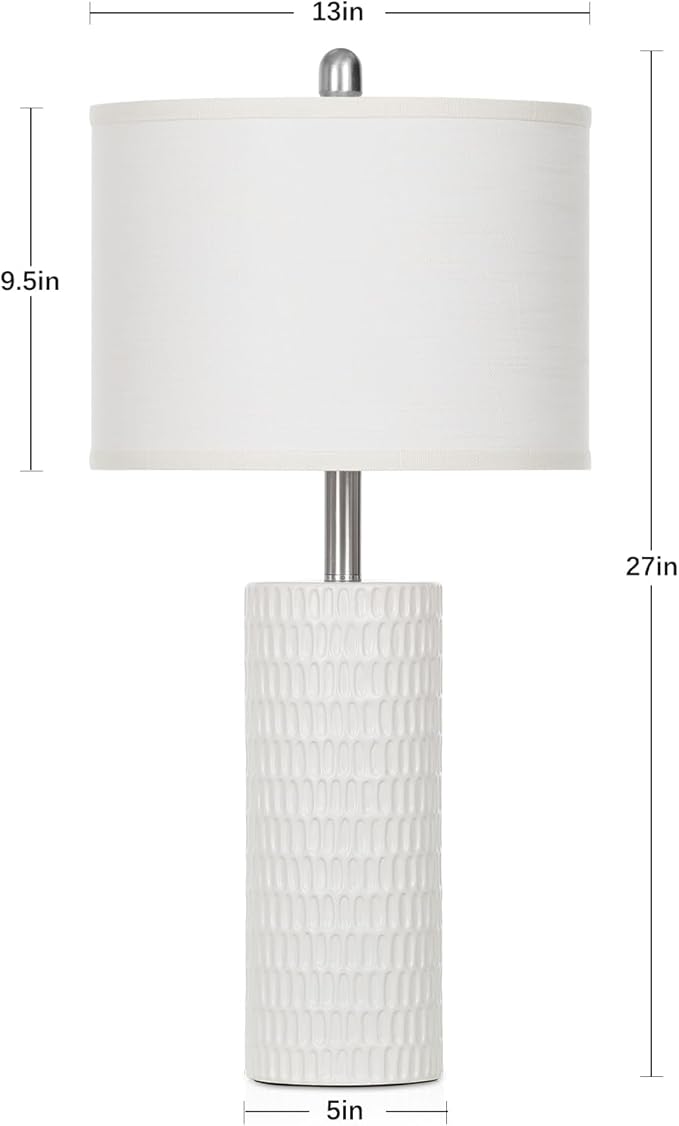 27" Ceramic Table Lamp, Farmhouse Table Lamp for Living Room, White Lamp for Bedroom, Night Stand, Modern Bedside Lamp Set of 2, End Table Lamps, White(2 Bulbs Included)