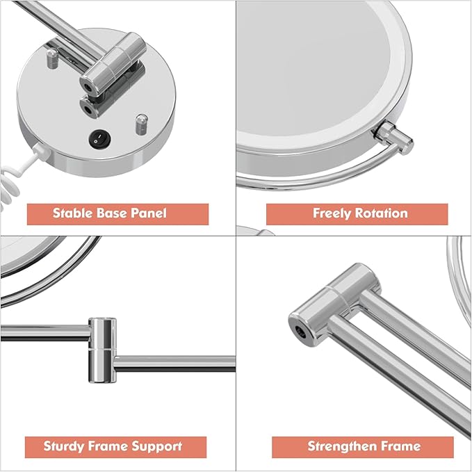 FASCINATE Upgraded Wall Mounted Makeup Mirror with Lights, Super Large Double Sided 1X/10X Magnifying Mirror for Bathroom, 360° Swivel Extendable Plug Touch Sensor Vanity Mirror