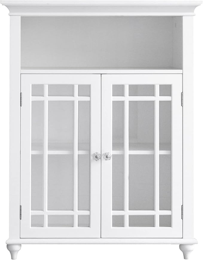 Teamson Home Neal Wooden Freestanding Floor Cabinet with 1 Adjustable Shelf 3 Storage Spaces 2 Glass Doors and 2 Clear Knobs, White