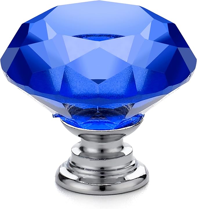 Ravinte 5 Pack Blue Crystal Knobs for Dresser Drawers - 30 mm Glass Cabinet Diamond Shaped Knobs With Silver Base