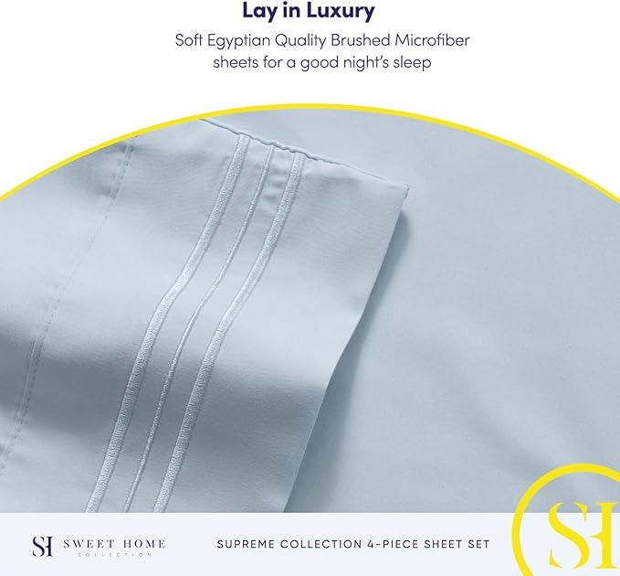 RV Queen Bed Sheets - Breathable Luxury Sheets with Full Elastic & Secure Corner Straps Built In - 1800 Supreme Collection Extra Soft Deep Pocket Bedding Set, Sheet Set, RV Short Queen, Light Blue