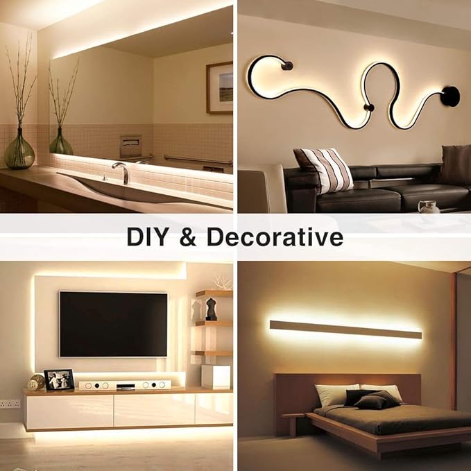 Lamomo LED Neon Rope Lights, 16.4ft/5m Warm White Light Strip 0.39in/Cut, 12V Flexible Waterproof Silicone Neon Sign for Kitchen Bedroom Indoor Outdoor Decoration(Power Adapter not Included)