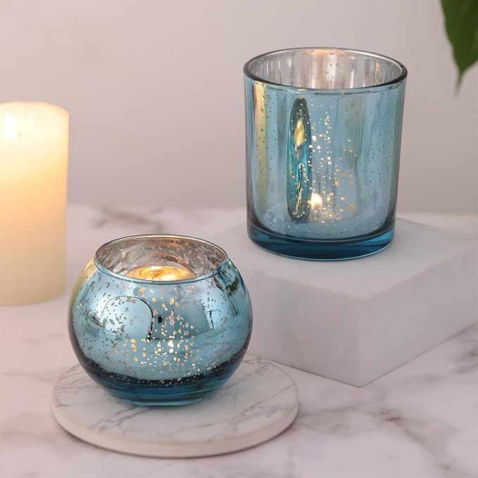 20 Pcs Assorted Lake Blue Votive Candle Holders, Larger Size Mercury Glass Candle Holder Bulk, Tealight Candle Holders for Wedding Decorations, Bridal Shower Table Decorations, Lake Blue Centerpieces