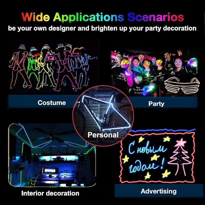 MaxLax EL Wire Ice Blue, 2M Portable Battery Pack Neon Light Strip 360° Cuttable Glowing Rope Lights for Parties, Halloween, DIY Decoration