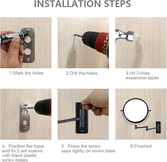 8" Wall Mounted Makeup Mirror with 1X 10x Magnification, Extendable Magnifying Mirror Two-Sided Swivel, Black