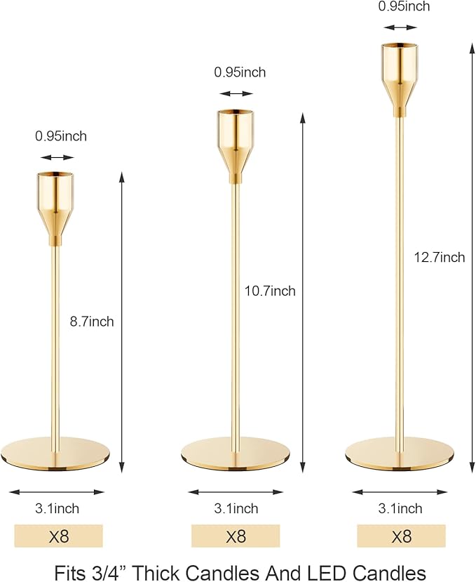French Gold Taper Candle Holders Set of 24 Candlestick Holders Bulk,Metal Candle Stick Holder Decor for Wedding, Dinning, Party or Anniversary, Fits 3/4 Inch Thick Candle