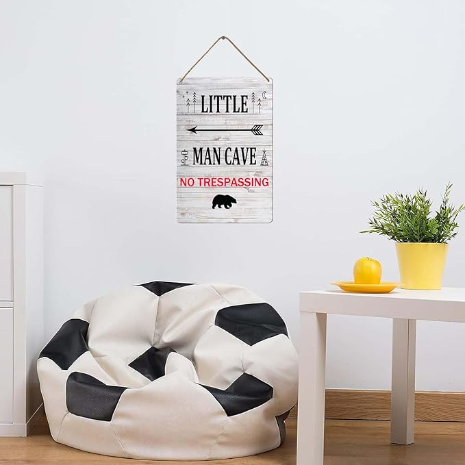 Little Man Cave Wooden Hanging Wall Sign, 8x12 Inch, Farmhouse Wall Decor for Baby Home Bedroom Living Room