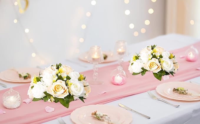 Flower Balls Wedding Rose Centerpieces: 10 Pcs Fake Flowers with Base Kissing Balls Decor Champagne &White Artificial Floral Arrangements Flower Bouquet of Roses Home Party Table DIY Decorationss