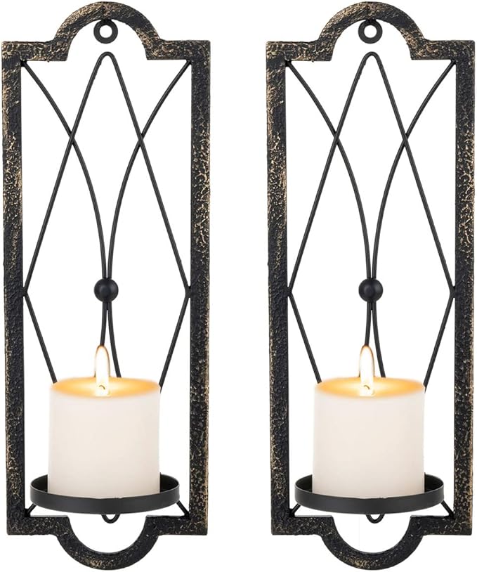Gothic Candle Sconce Set of 2 -Gold Black Metal Wall Candle Holder-Rustic Home Deco