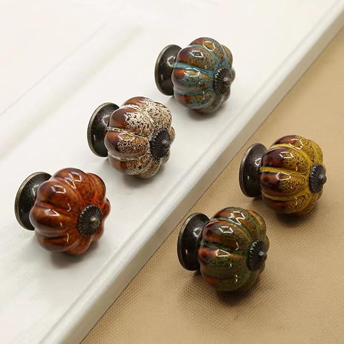 10 Pack Vintage Ceramic Pumpkin Cabinet Knobs, Kitchen Cabinet Drawers Dresser Cupboard Pull Handles Door Pulls with 5 Kinds of Screws (Leopard Print -Green)