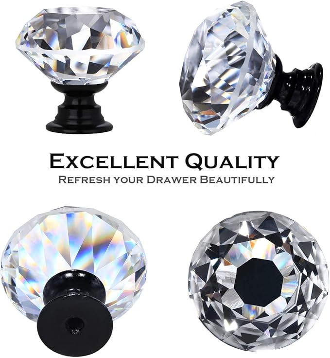 12 Packs Crystal Cabinet Knobs Drawer Pulls and Knobs Diamond Dresser Handles Crystal Pulls for Drawers - 30 mm Clear Glass Cabinet Knob with Black Base