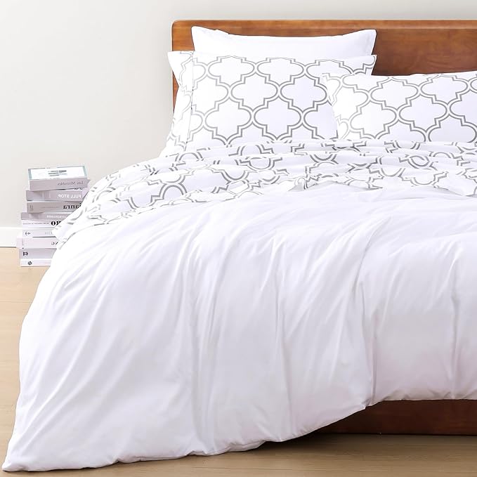 LANE LINEN 100% Organic Cotton Sheets RV Queen, 4-Piece Bed Sheets Short Queen Size Cotton, Luxury Sheets, Percale Weave,Breathable Bed Sheets RV Queen Size Deep Pockets Fits Upto 15"- Trellis Silver
