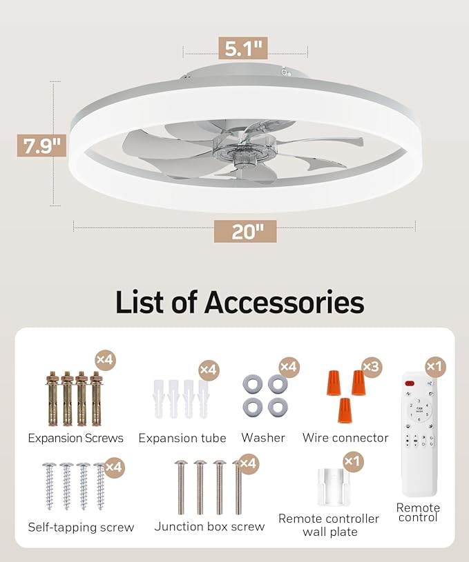Smart Ceiling Fans with Light and Remote,20'' Low Profile Ceiling Fan with 6-Speed & Dimmable LED, Alexa/APP Home Voice Control, App, Reversible Airflow, App Timer, for Beedroom(White)