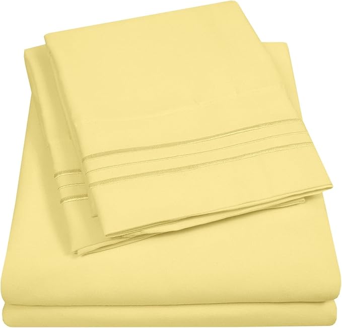 Sweet Home Collection Queen Size Sheet Set with Built-in Sheet Straps - Deep Pocket Fitted Sheet, Flat Sheet & Pillowcases - Soft, Wrinkle-Free, Secure Fit - Pale Yellow