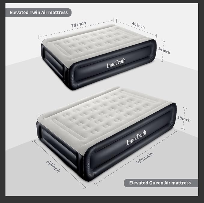 InnoTruth Raised Air Mattress with Built-in Pump,18in Elevated Inflatable Mattress with Carrying Bag for Home and Camping, Queen Size Blow Up Bed,Black
