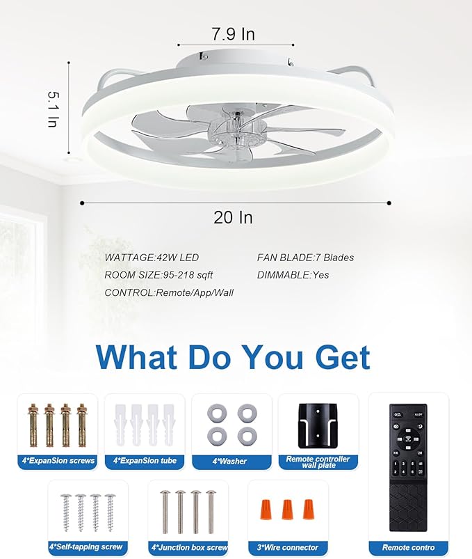 Ceiling Fans with Lights and Remote, 20" Modern Low Profile Ceiling Fan with Light, Stepless Color Temperature Change and 6 Speeds, Flush Mount Ceiling Fans for Bedroom, Kids Room.(White)