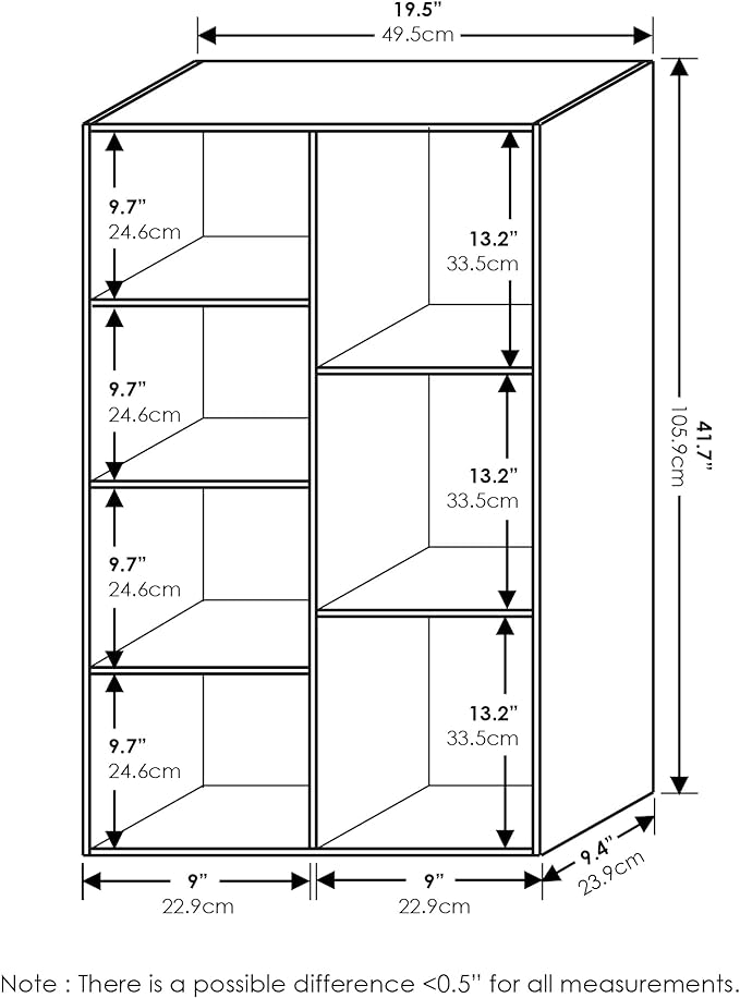 Furinno LUDER Book Shelf, 7-Cube Bookshelf, Bookcase, 9.4" x 19.5" x 41.7", for Living Room, Bedroom, Home Office, French Oak