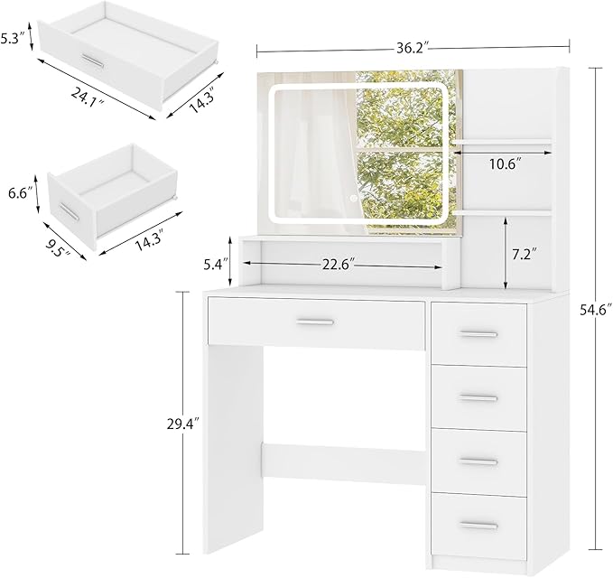 Quimoo Makeup Vanity Desk with LIighted Mirror, Vanity Desk with 5 Drawers & Storage Shelves, Vanity Table, 3 Color Modes & Adjustable Brightness Dressing Table, Bedroom
