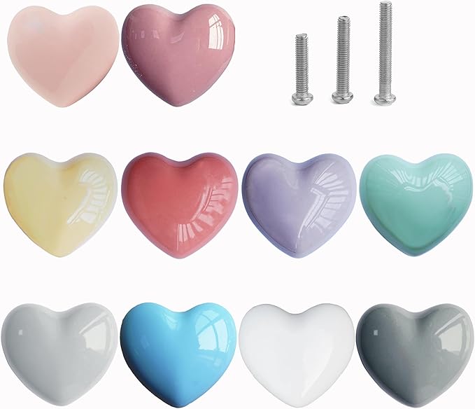 Ceramic Drawer Knobs Heart Shape Colorful Heart Cabinet Dresser Pulls Handles with 3 Sized Screws, Kitchen Furniture Knobs for Closet Cupboard Wardrobe (Mixed Color, 10 Pack)