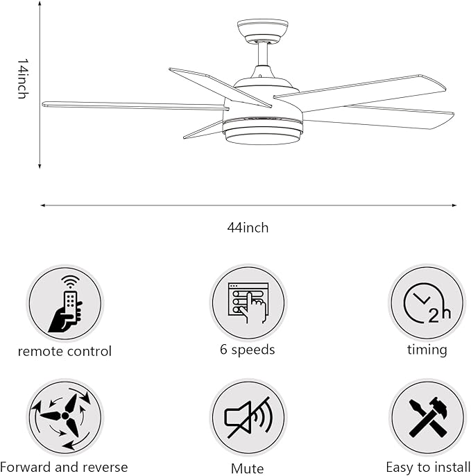 YUHAO 44 Inch White Ceiling Fan with Light and Remote Control.Noiseless,Dimmable,3CCT,6 Speeds Reversible, DC Ceiling Fans for Indoor or Covered Outdoor