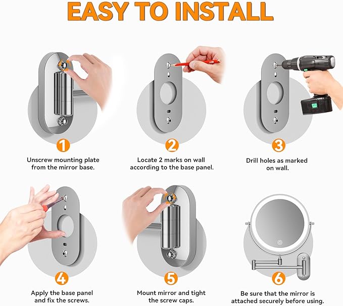 Auxmir Rechargeable Wall Mounted Lighted Makeup Mirror, 8" Double Sided 1X/10X Magnifying Vanity Mirror, 3 Color Lights Touch Dimmable Bathroom Cosmetic with 360ยฐ Swivel 13 Inch Extendable Arm, Chrome