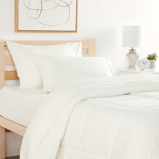 Sweet Home Collection 7 Piece Comforter Set Bag Solid Color All Season Soft Down Alternative Blanket & Luxurious Microfiber Bed Sheets, Ivory, Twin