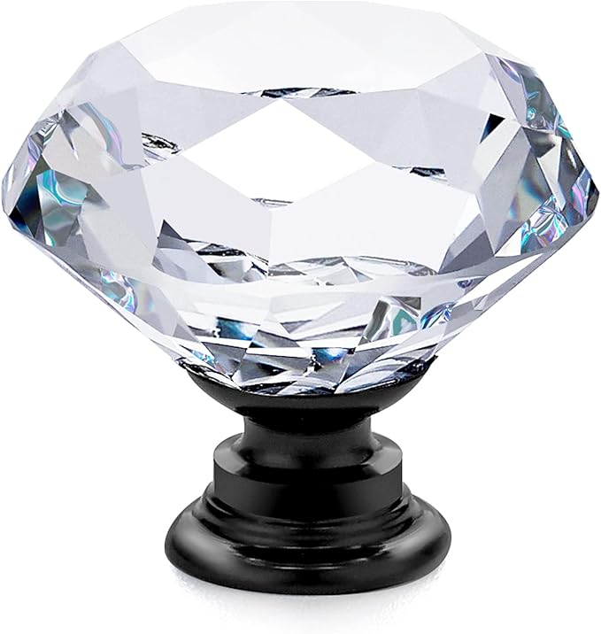 Ravinte 30 Pack Crystal Knobs for Dresser Drawers - 30 mm Glass Cabinet Diamond Shaped Knobs With Black Base