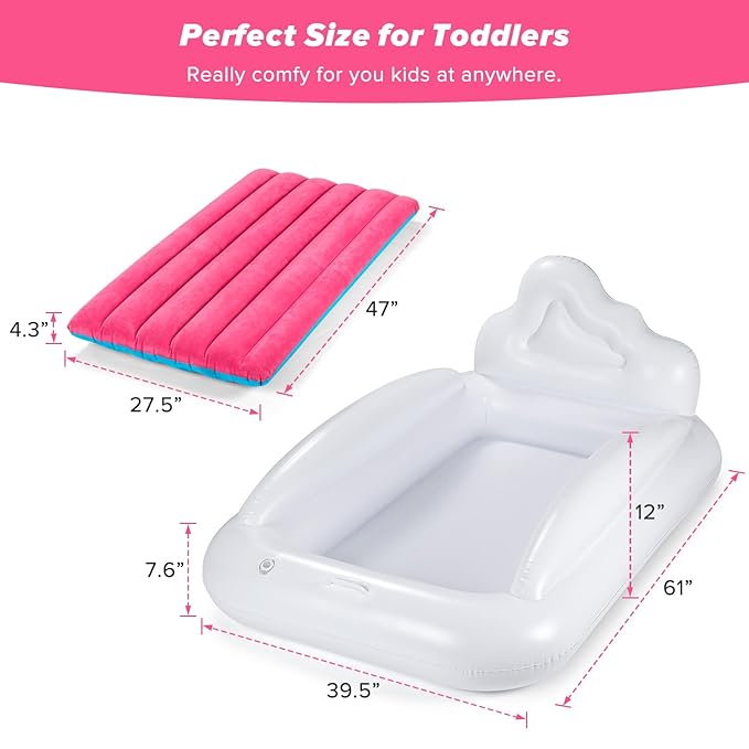 Inflatable Toddler Travel Bed, Double-Sided Kids Air Mattress | Kids Blow up Mattress with Sides | Travel Portable Toddler Bed for Travel, Sleepovers - Pink & & Aquamarine