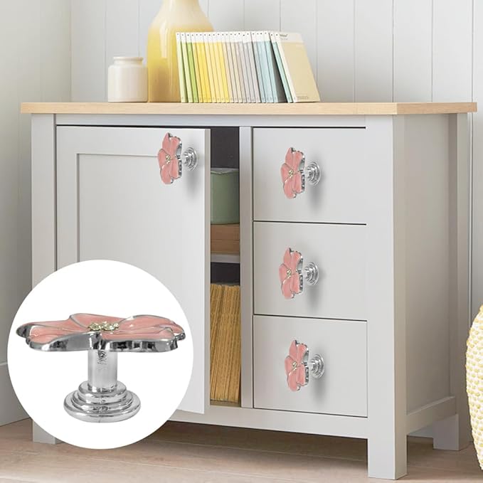 4 pcs Flower Petal Knobs,Creative Silver Flower Drawer Pulls Handles with Screws Single Hole Handle for Cabinet, Dressing ,Home Decor Handles (Pink)