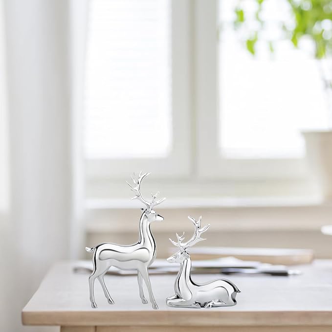 GALEI-2PCS Scandinavian Style Elk Ornament Christmas Resin Sitting and Standing Deer Statue Home Living Room Study Ornaments (Silver, One Size)