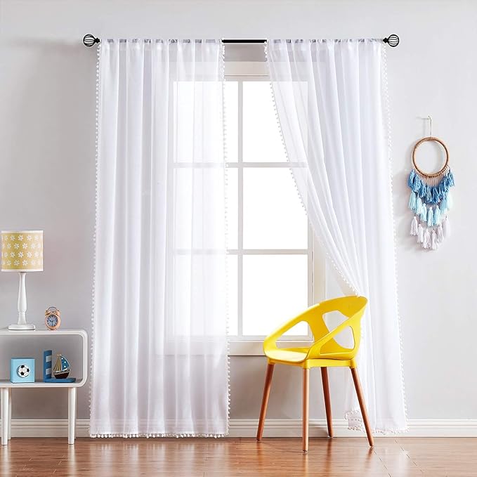 Treatmentex Snow White Sheer Curtains 95" Bedroom Decorative Pompom Trimmed Voile Window Curtain for Living Room Linen Look 2 Panels