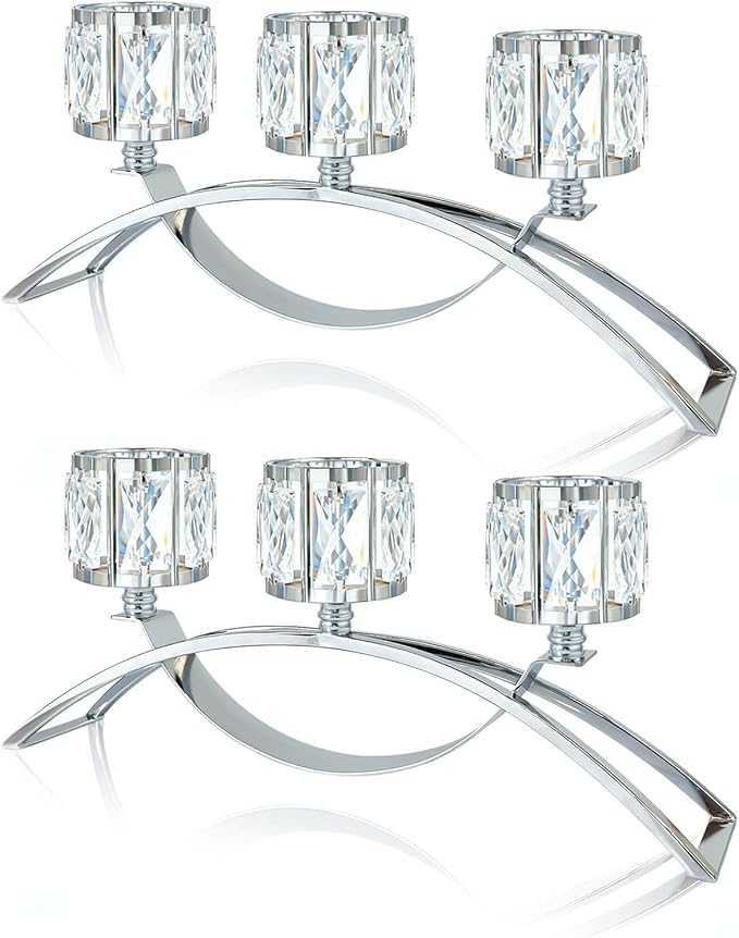 3 Arms Crystal Candle Holders, Arch Candlestick Table Candelabras Centerpieces for Wedding, Dinning Room, Cabinet Ornaments, Home Decoration, Gift (Silver, 2 Pcs-3 Arm Arched)