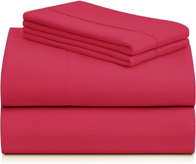 LuxClub 4 PC Sheet Set Bed Sheets Deep Pockets 16" Eco Friendly Wrinkle Free Cooling Machine Washable Hotel Bedding Silky Soft - Red Queen