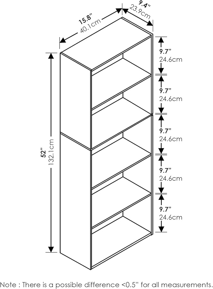 Furinno LUDER Book Shelf, 5-Tier Bookshelf, Bookcase, 9.4" x 15.8" x 52", for Living Room, Bedroom, Home Office, Blackwood