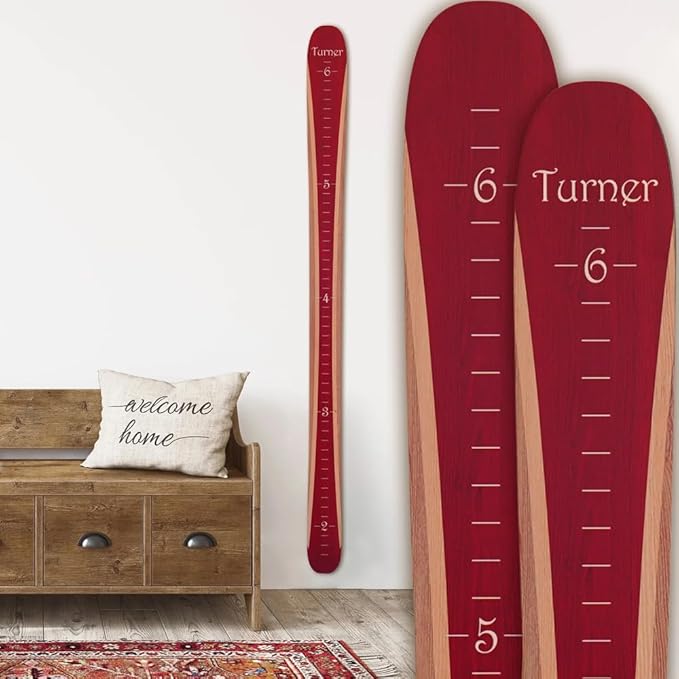Headwaters Studio Personalized Ski Growth Chart - Wooden Growth Chart for Kids Room & Home Decor, Ski-Themed Wall Decor, Personalized Wooden Ski Ruler Burnt Red - 58"" x 4.5""