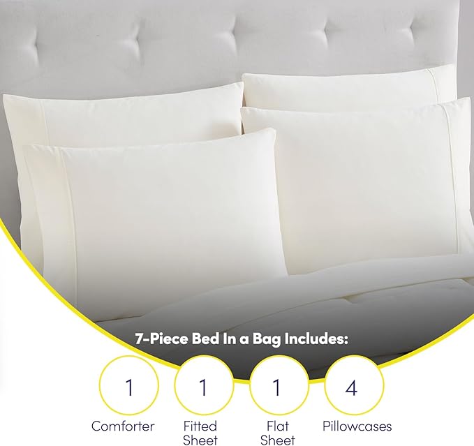 California King Comforter Set - Soft & Breathable 7-Piece Bedding Collection - 1 Comforter, 1 Fitted Sheet, 1 Flat, 4 Pillowcases - Deep Pocket - Premium Quality - Ideal for All Seasons, Ivory