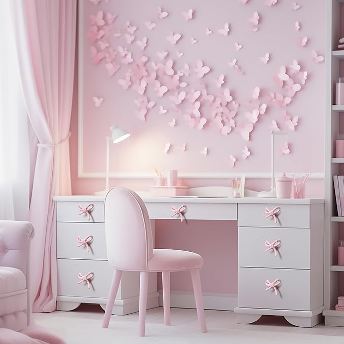 8 Pcs Bow Knobs for Dresser Matel Bow Drawer Knobs Vintage Dresser Handles Cabinet Drawer Pulls for Home Bedroom Kitchen Cabinets Hardware Cupboard (Pink,Classic Style)