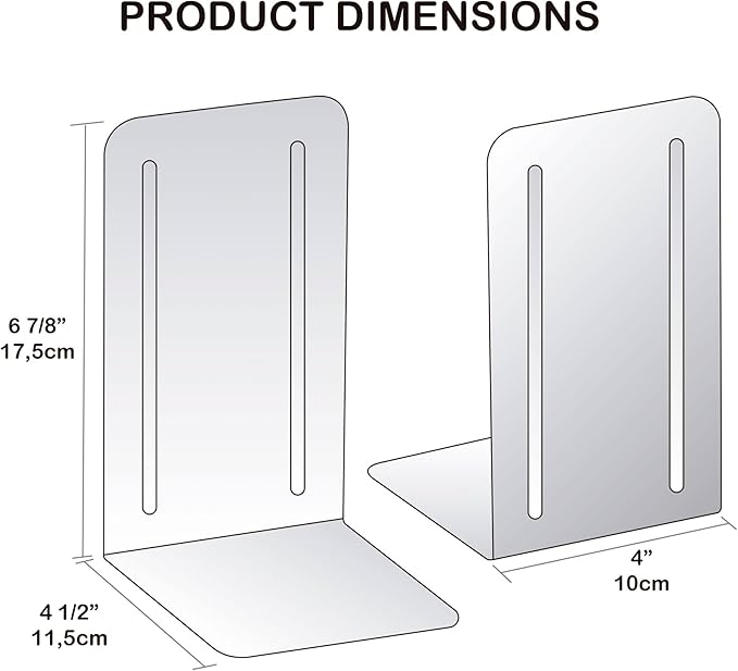 Acrimet Metal Bookends, Non-Skid Book Stand for Shelves, Heavy Duty Book Stopper, 6-7/8" H x 4" W x 4-1/2“ D, Silver, 1 Pair